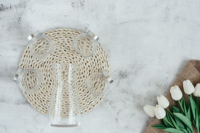 High angle view of white wall in basket on table
