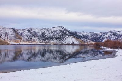 Scenic view of snowcapped mountains and lake against sky