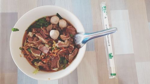 High angle view of food in bowl on table