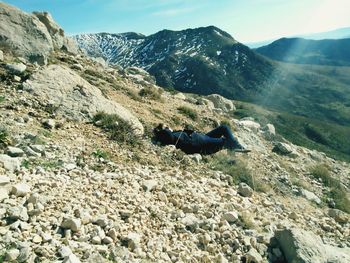 High angle view of dog on mountain against sky