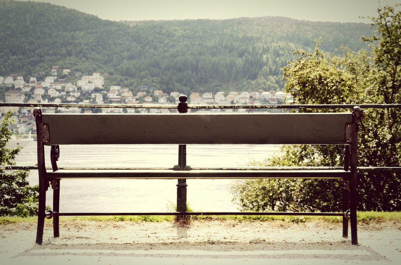 mountain, tree, railing, mountain range, tranquility, tranquil scene, built structure, architecture, nature, landscape, scenics, beauty in nature, lake, rear view, day, water, building exterior, river