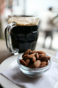 Close-up of coffee in plate on table