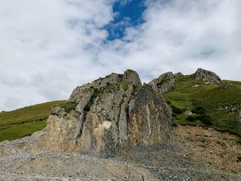 Low angle view of rock formation on land against sky