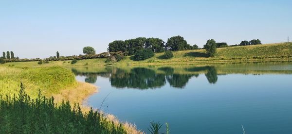 Scenic view of lake against clear sky