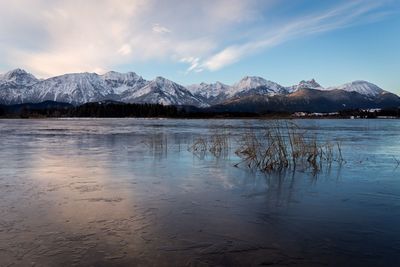 Scenic view of lake by snowcapped mountains against sky