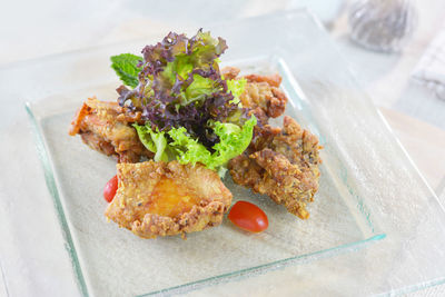 High angle view of food in plate on table