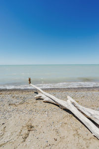 Scenic view of beach against clear blue sky