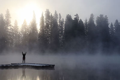 Silhouette man standing by lake against trees during foggy weather