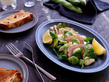 High angle view of food in plate on table