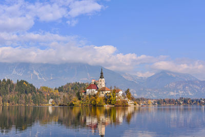 Scenic view of lake against cloudy sky