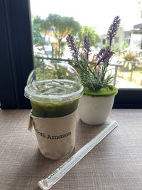 Close-up of glass of potted plant on table