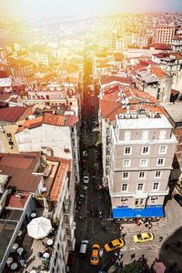 High angle view of buildings against sky