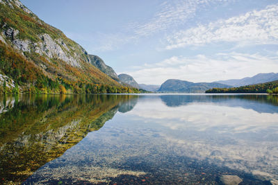 Wonderful autumn view of the beautiful bohinj lake with stunning transparent water.