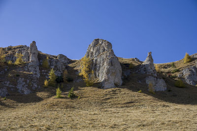 Scenic view of rocky mountains against clear blue sky