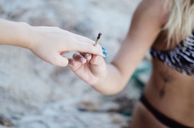 Cropped hand giving marijuana joint to friend