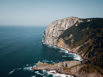 Scenic view of sea and rocks against clear sky