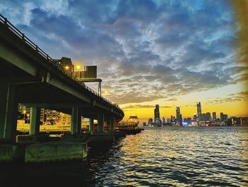 Illuminated buildings by river against sky during sunset