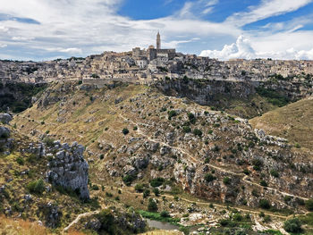 Matera village and hills landscape panorama, south italy, basilicata