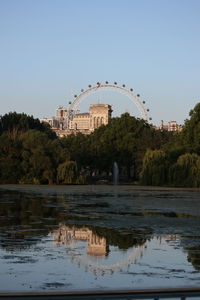 Scenic view of lake with city in background