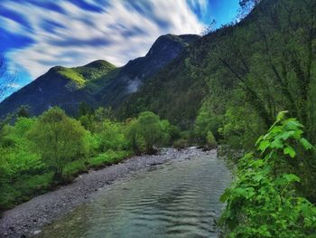 Scenic view of river amidst mountains against sky