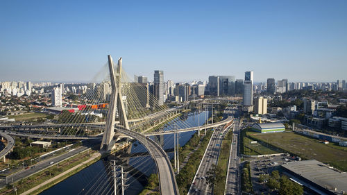 High angle view of city buildings against clear sky