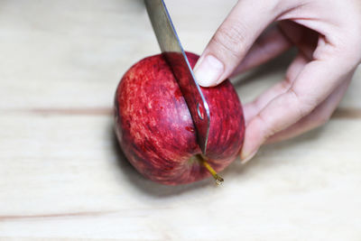 Close-up of hand holding strawberry