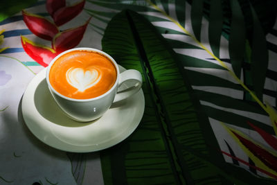 High angle view of coffee on table