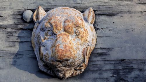 High angle view of old bread on table