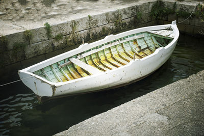 High angle view of boat moored on lake