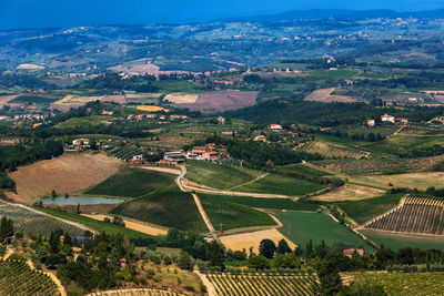 High angle view of agricultural field against sky