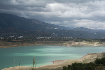 Scenic view of lake and mountains against sky