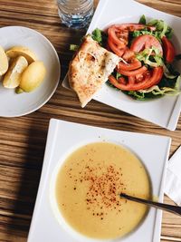 High angle view of breakfast on table