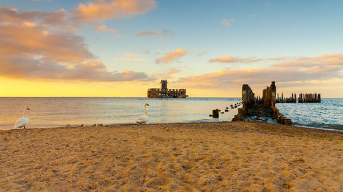 Scenic view of beach against sky during sunset