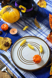 High angle view of fruits and vegetables on table