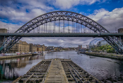 View of bridge over river against cloudy sky