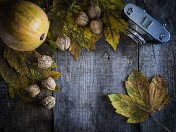 High angle view of vintage camera by maple leaves and pumpkin on wooden table