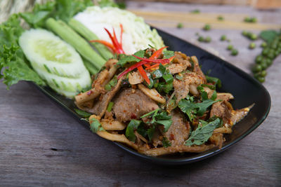 Close-up of food served on table