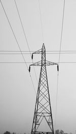 Low angle view of electricity pylon against clear sky