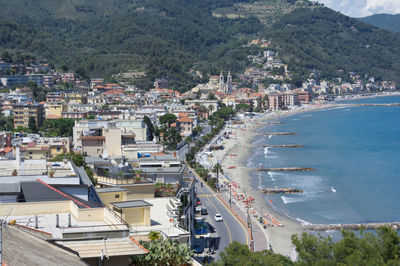 High angle view of houses in town