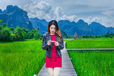 Asian woman walking on a wooden walkway with green rice fields in vang vieng, laos