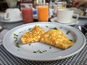 Close-up of omelet in plate on table