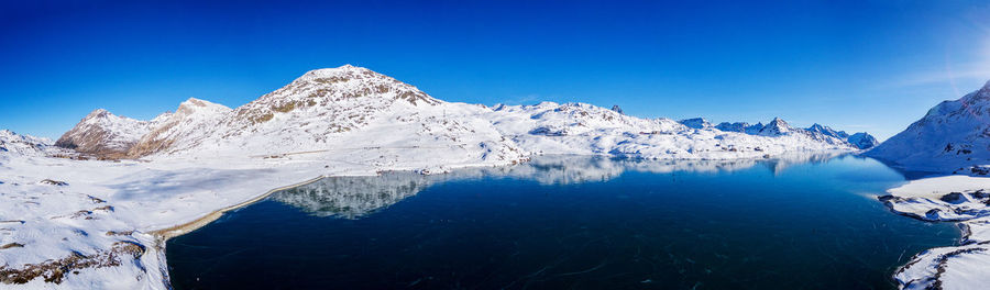 Scenic view of snowcapped mountains against clear blue sky