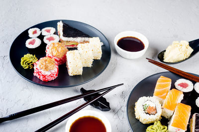 High angle view of sushi served on table