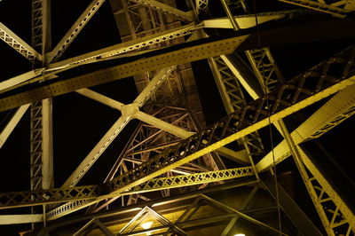 Low angle view of illuminated metallic bridge against sky at night