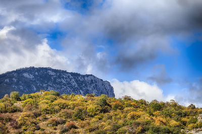 Scenic view of mountains against blue sky