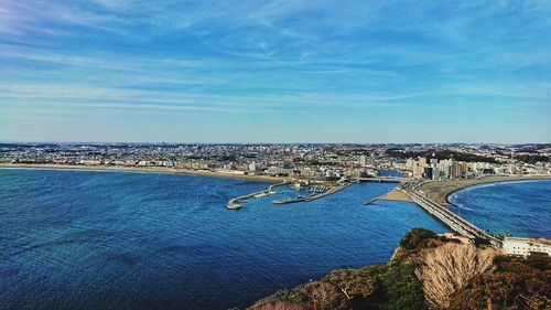 High angle view of city at waterfront