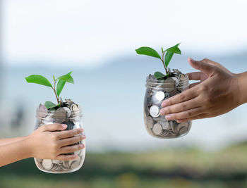 Close-up of people holding coin and plant in jar against sky
