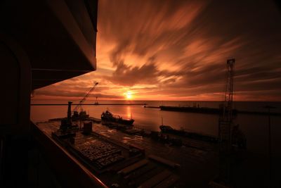 Elevated view of commercial dock during sunset