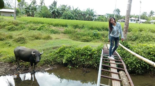 Portrait of man standing on grass against trees