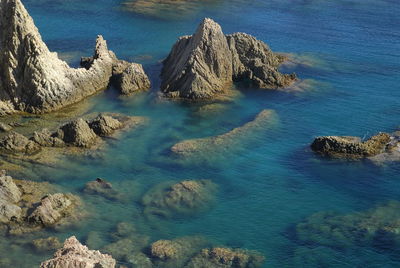 High angle view of rock formations in sea